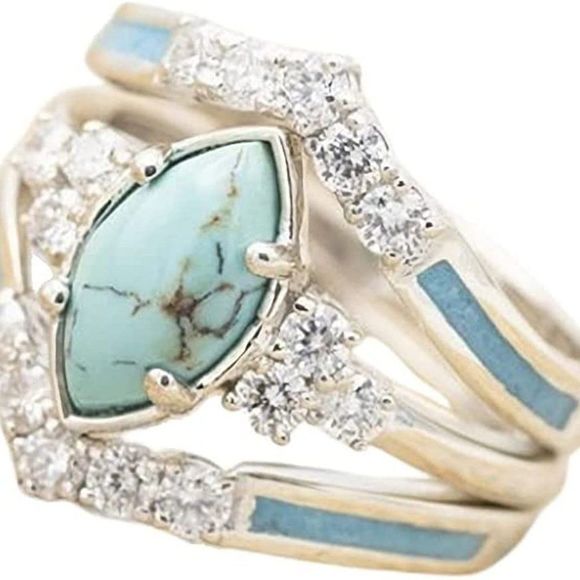 Pingyongchang 3 PCS Ring Set Natural Turquoise Diamond Rings - Picture 1 of 7